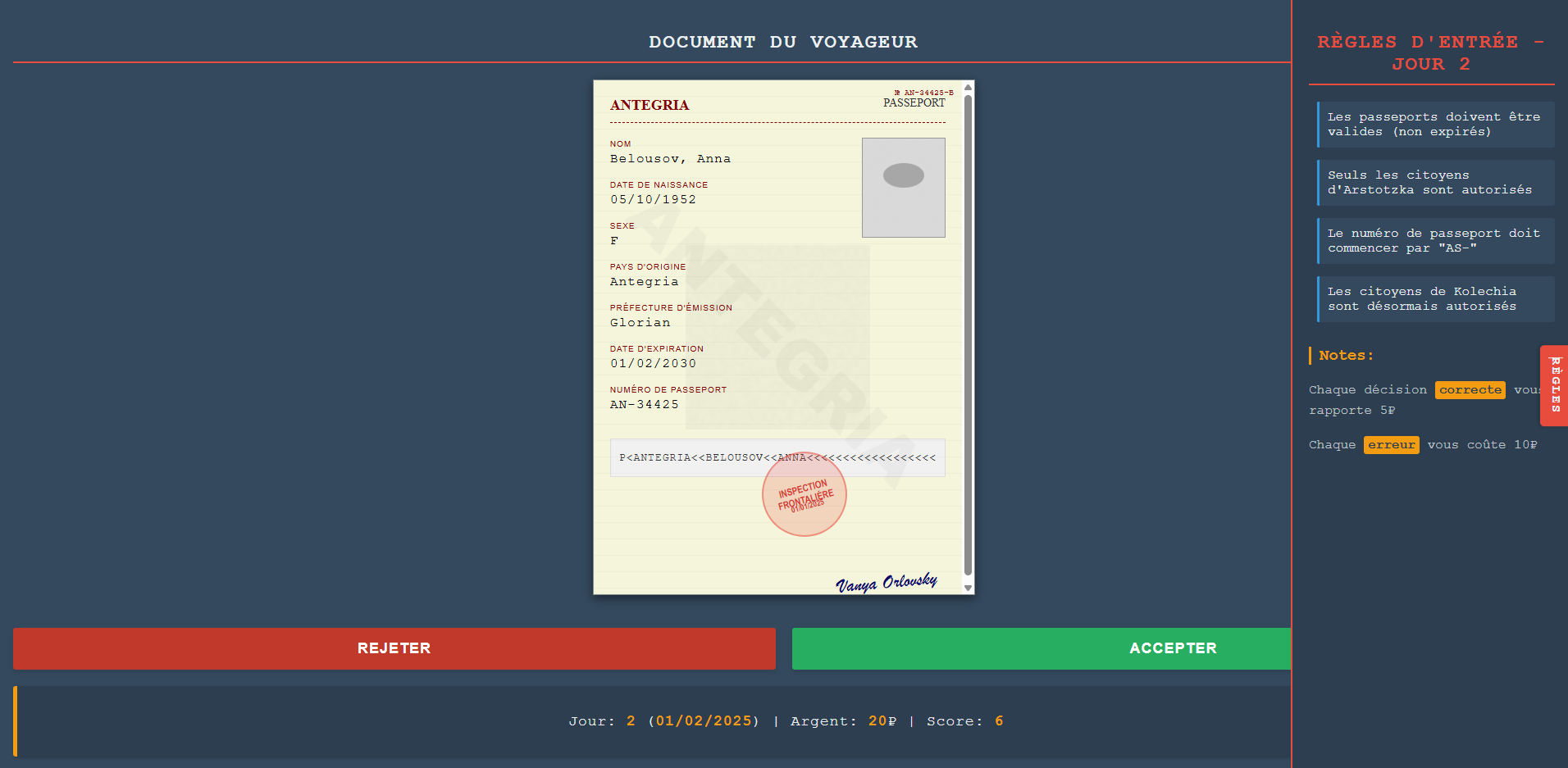 Mon jeu Paper, Please !