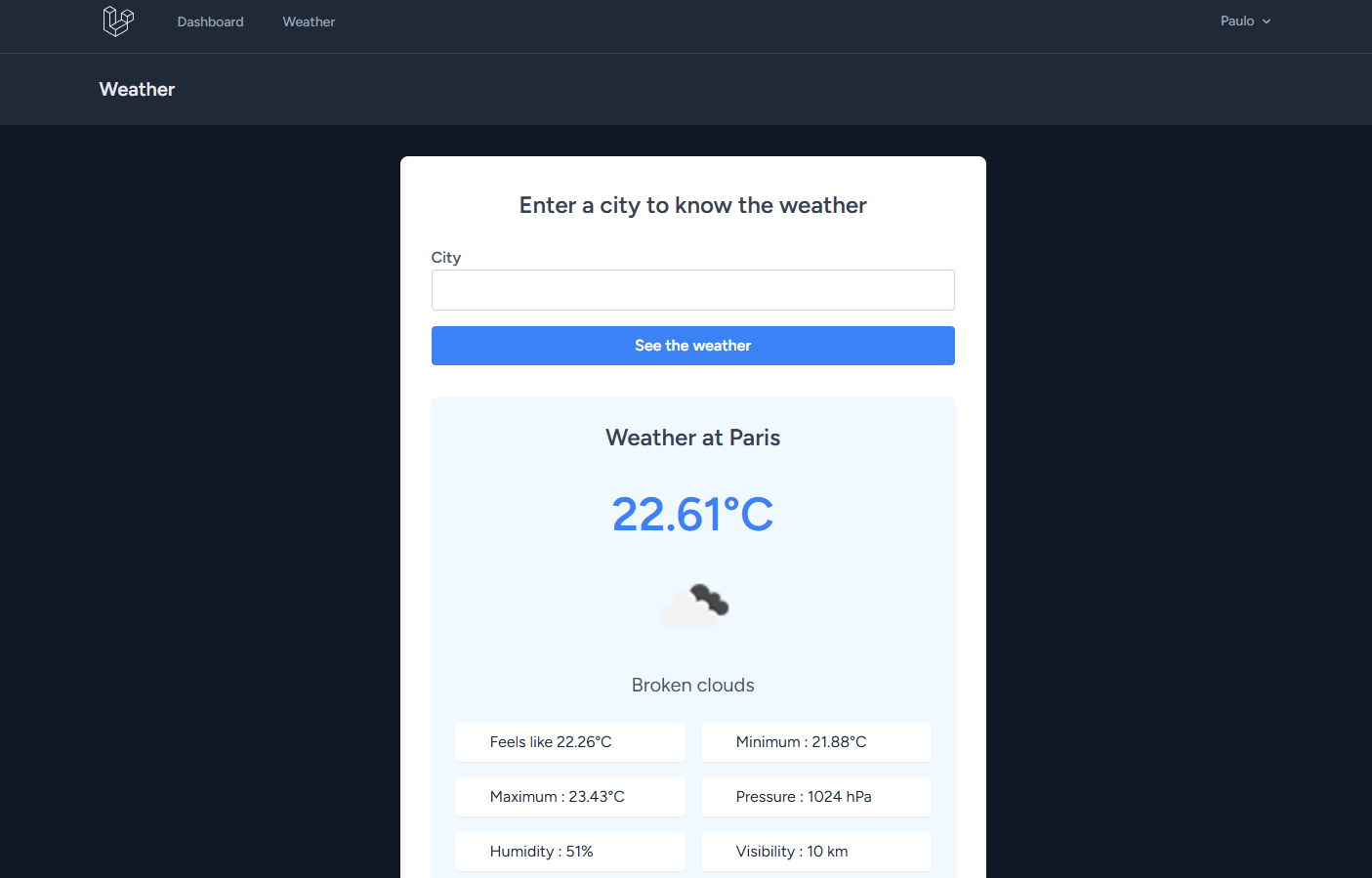 Capture d'écran de l'application météo