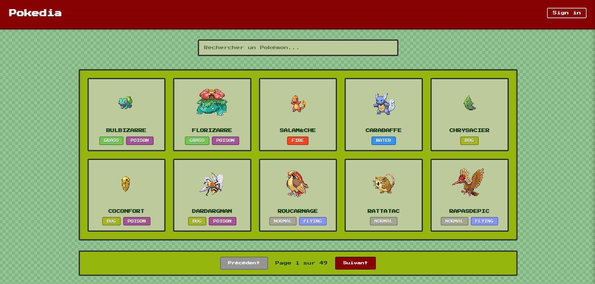 Capture d'écran du Pokédex